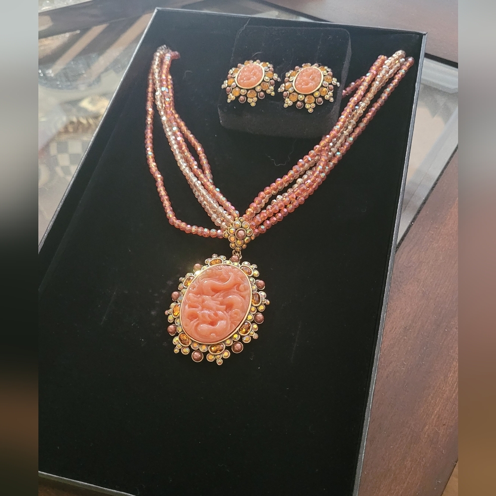Heidi Daus Carved Faux Jade Coral Beaded Necklace and Earring Set